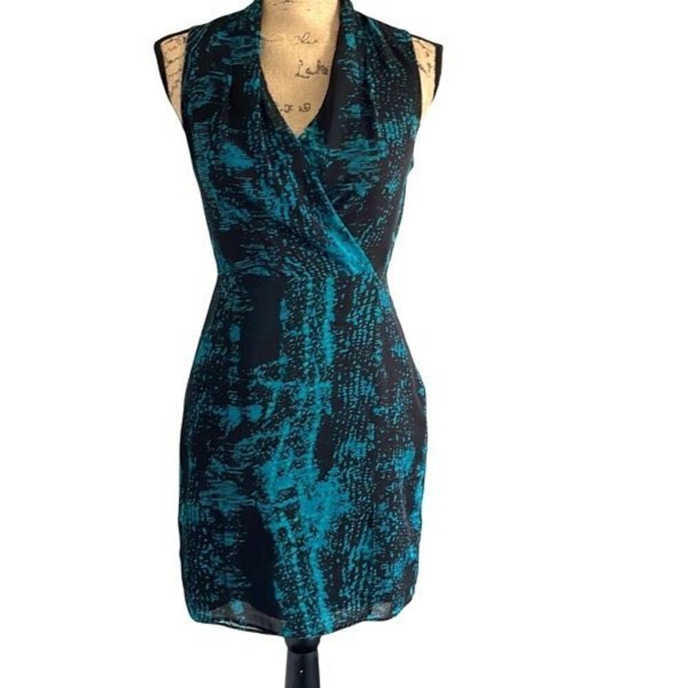 EUC Forever21 Black Turquoise Sleeveless Faux Wrap Crepe Dress Size XS